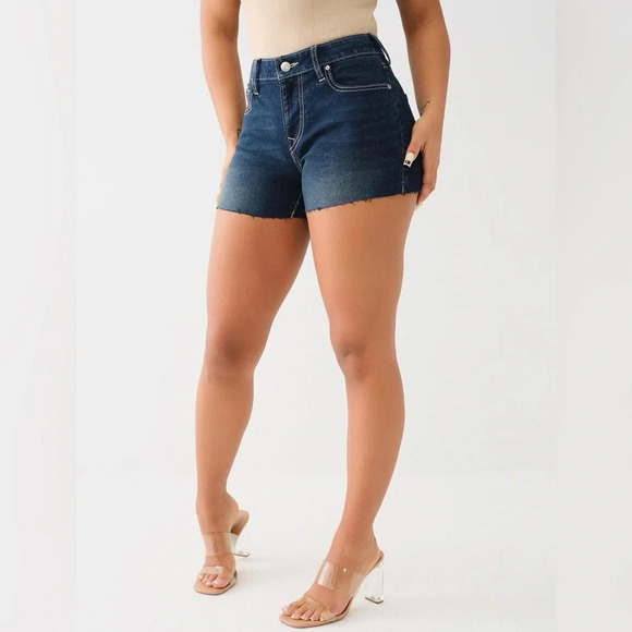 True Religion Jennie Mid Rise Raw Hem Shorts - Size 31 - Dark Scorched Wash NWT - Picture 15 of 15